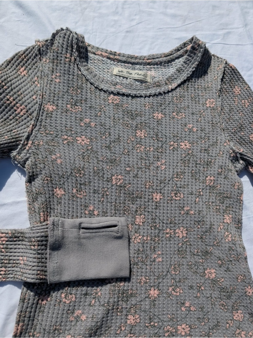 We The Free Gray Waffle Knit Top with Pink Floral Print